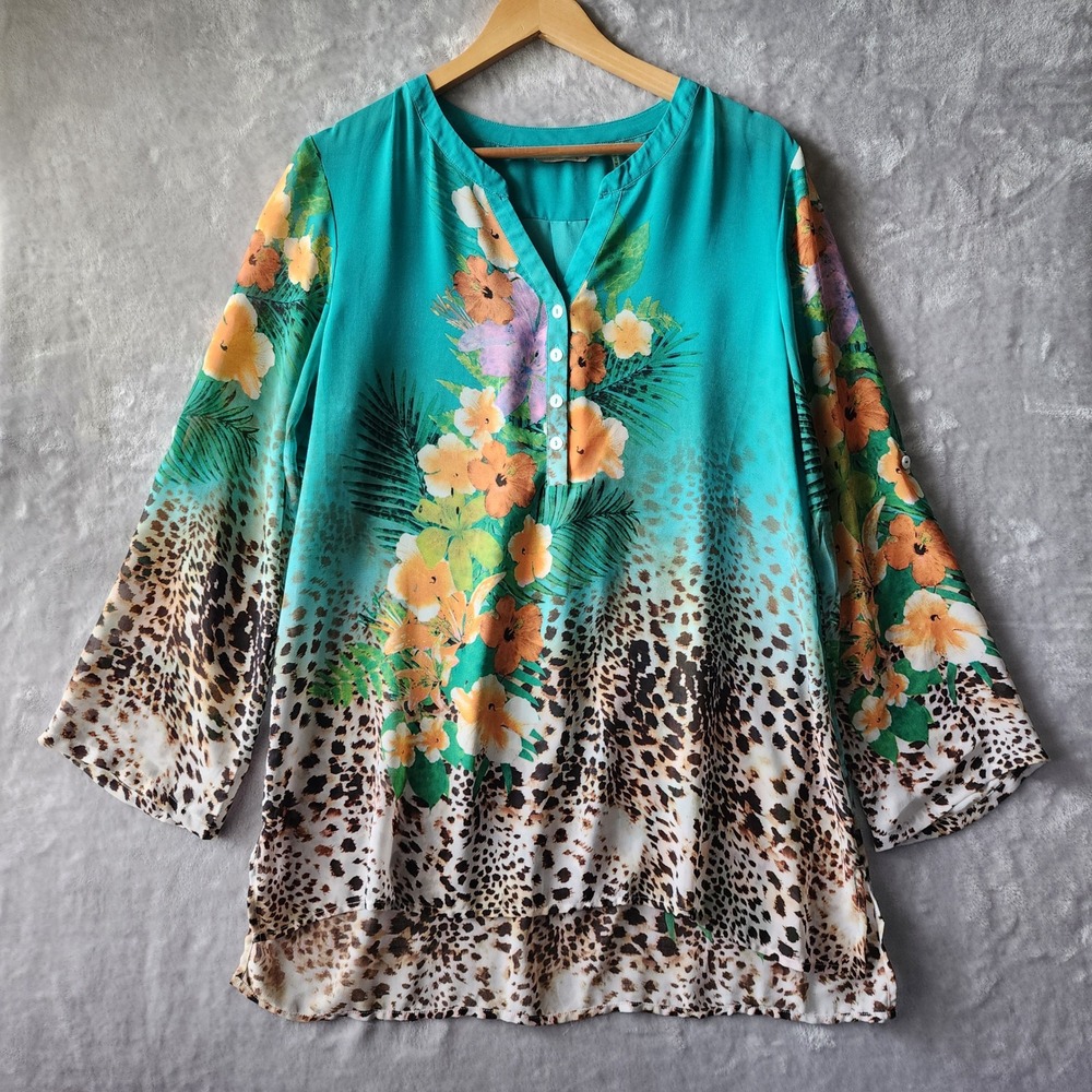 Soft Surroundings Top Womens Large Teal Floral Leopard Print Tab Sleeve Tunic